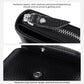 Black leather-textured storage wallet detail: shiny zipper and snap button