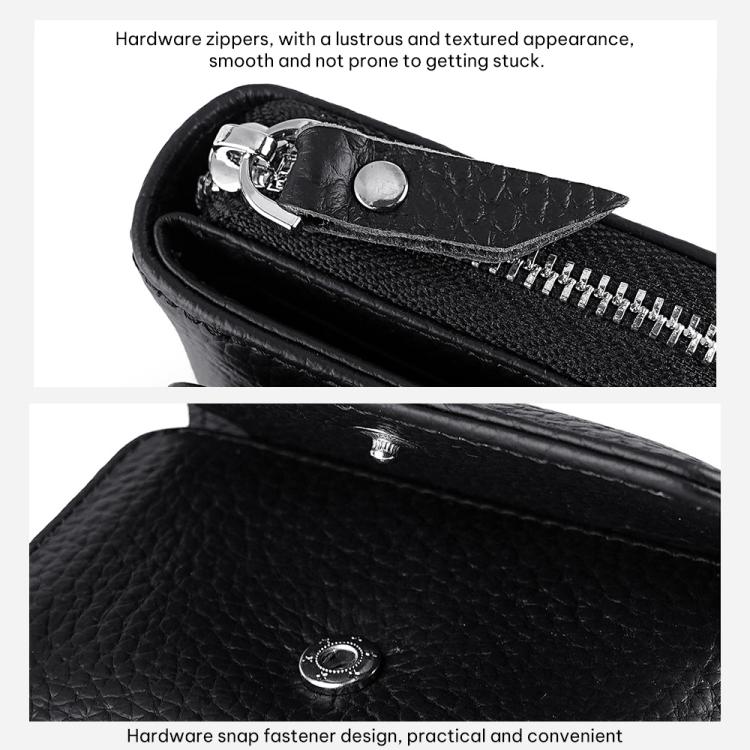 Black leather-textured storage wallet detail: shiny zipper and snap button