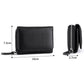 Black tri-fold storage wallet with zipper and side strap, front view with dimensions