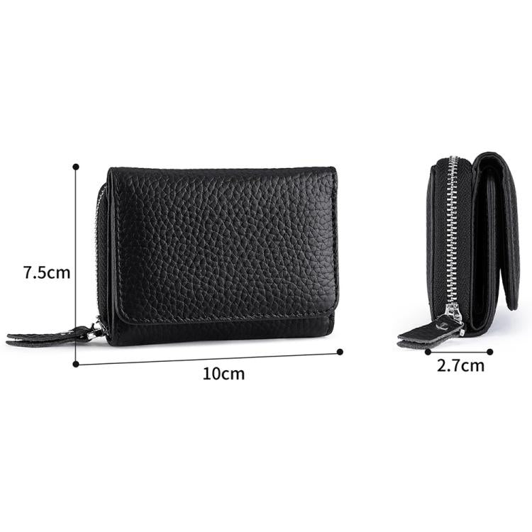 Black tri-fold storage wallet with zipper and side strap, front view with dimensions