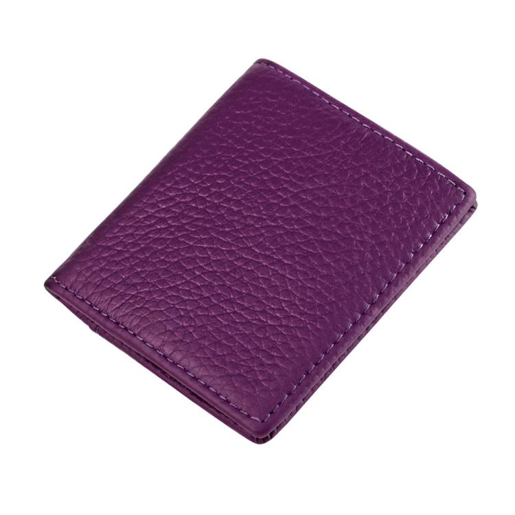 Top-grain cowhide coin purse, purple pebbled leather, stitched edges