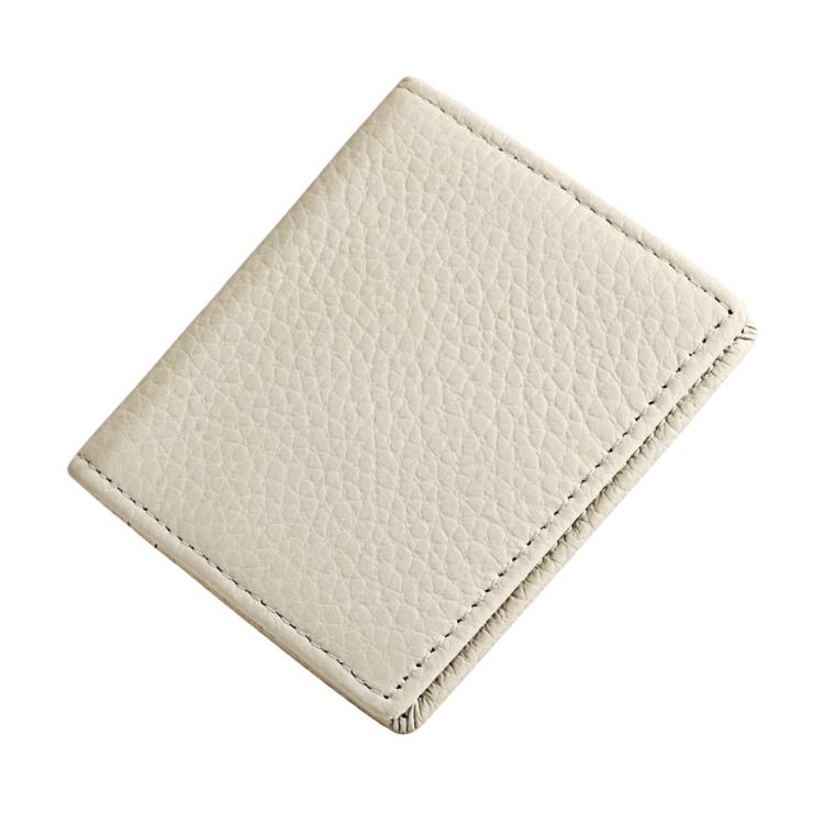 Cream top-grain cowhide coin purse with stitched border, compact square fold design.