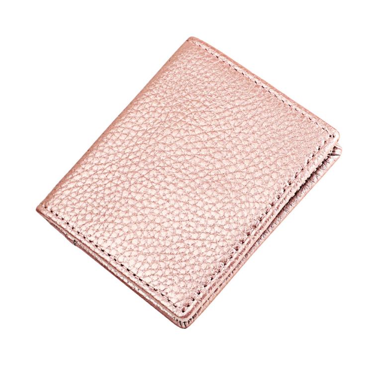 Pink top-grain cowhide coin purse with stitched border, compact square fold design.
