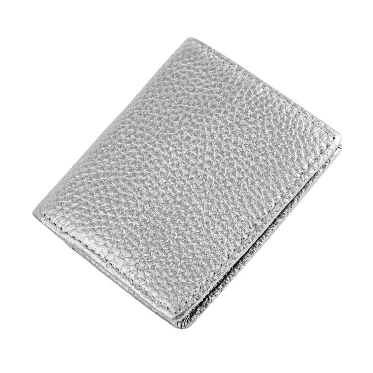 Light gray top-grain cowhide coin purse with stitched border, compact square fold design.