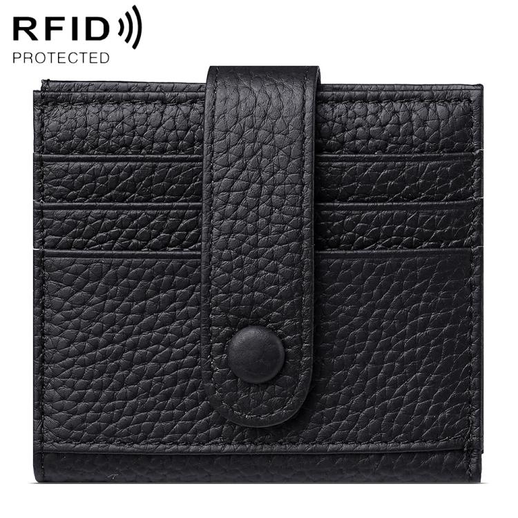 Black genuine leather RFID multi-card buckle card bag with snap button closure