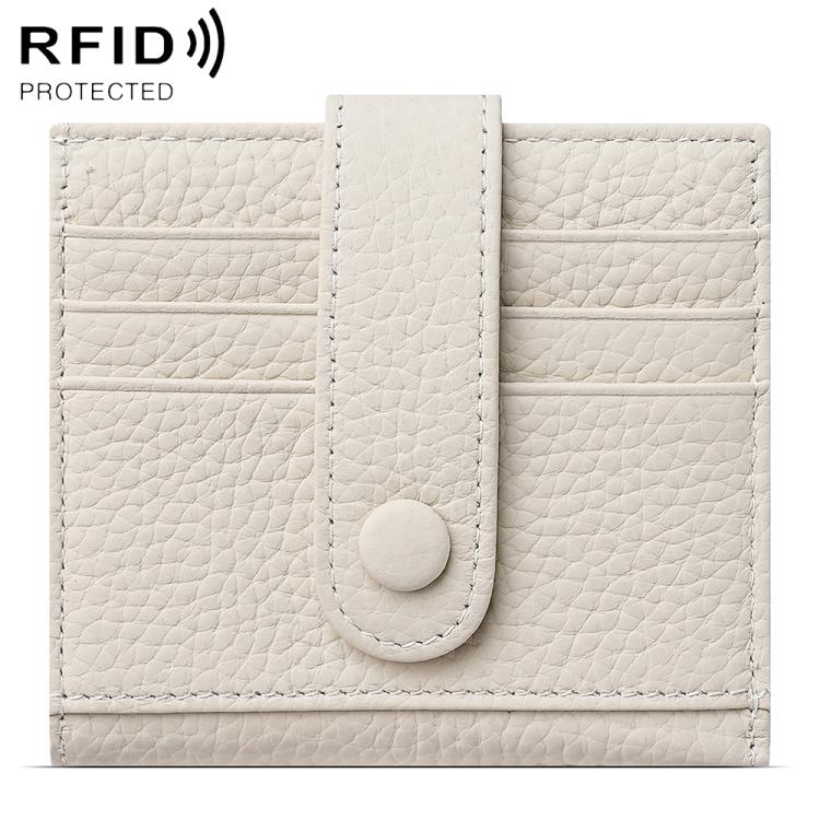 Beige genuine leather RFID multi-card buckle card bag with snap button closure