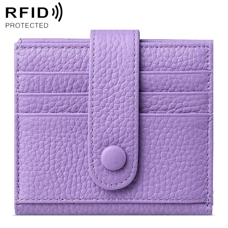 Light purple genuine leather RFID multi-card buckle card bag with snap button closure