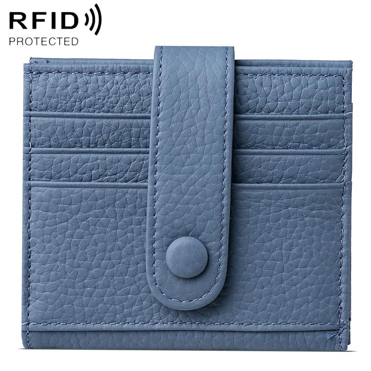 Denim blue genuine leather RFID multi-card buckle card bag with snap button closure