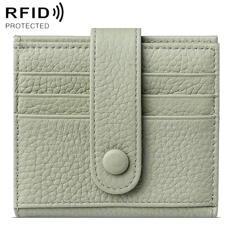 Light green genuine leather RFID multi-card buckle card bag with snap button closure