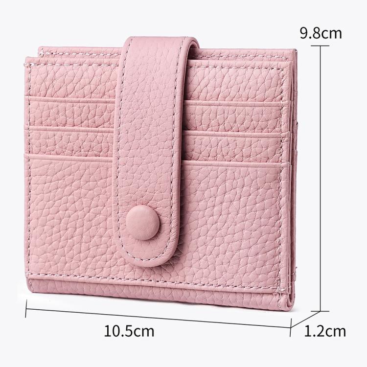 Light pink leather slim card holder with snap buckle and horizontal card slot panel