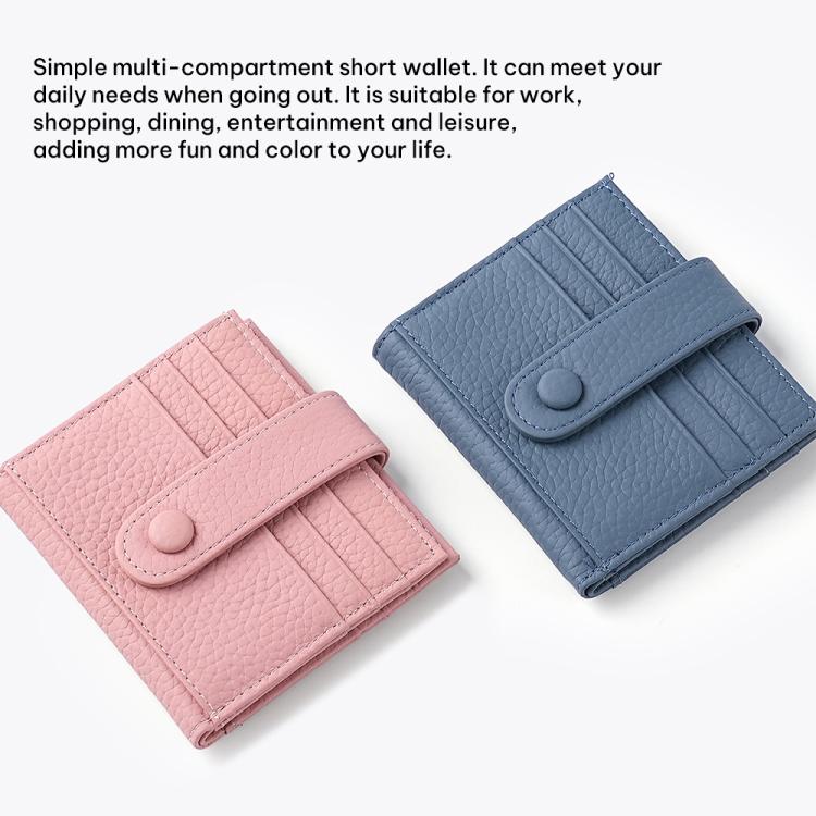 Leather short wallet card bags with multiple slots and snap button closure, pink and blue
