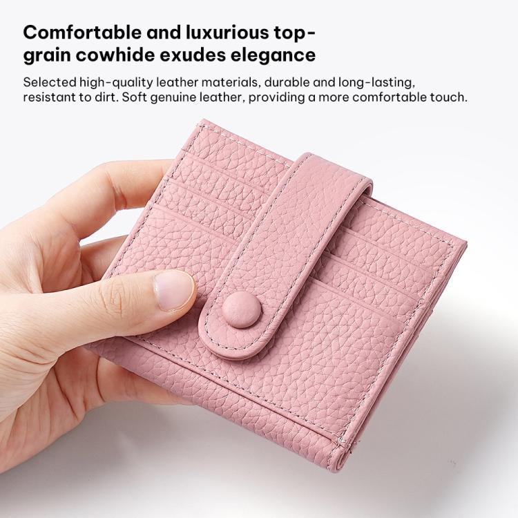 Light pink genuine leather RFID card holder with snap buckle and multiple card slots