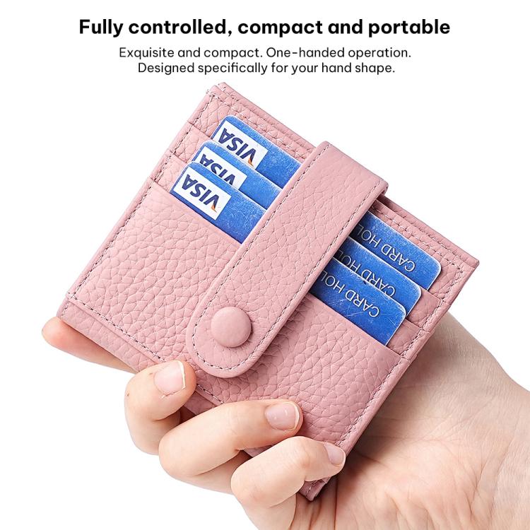 Light pink leather multi-card holder with snap buckle, front view