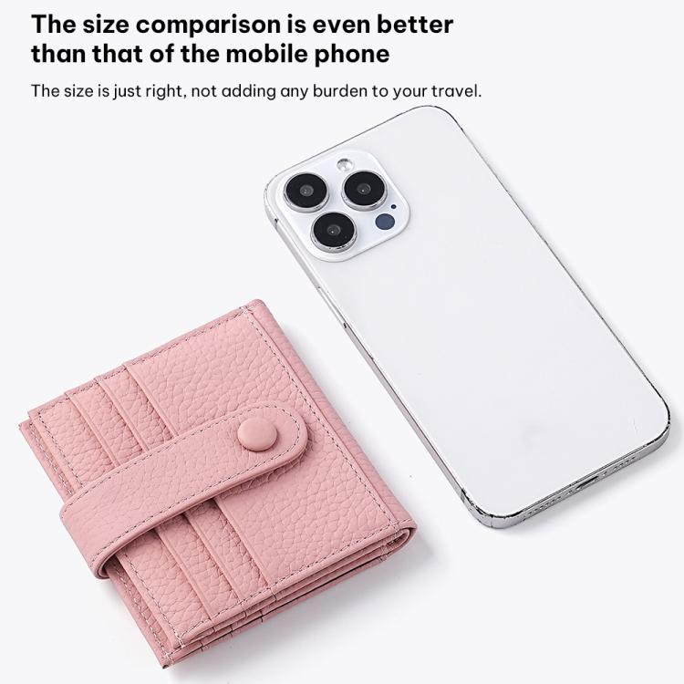 Light pink leather multi-card card holder with snap buckle and inner card slot dividers