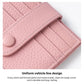 Light pink leather card holder close-up of snap buckle and stitched card slot dividers