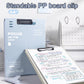 A4 standing file board writing pad in use, light blue with black clip holding paper