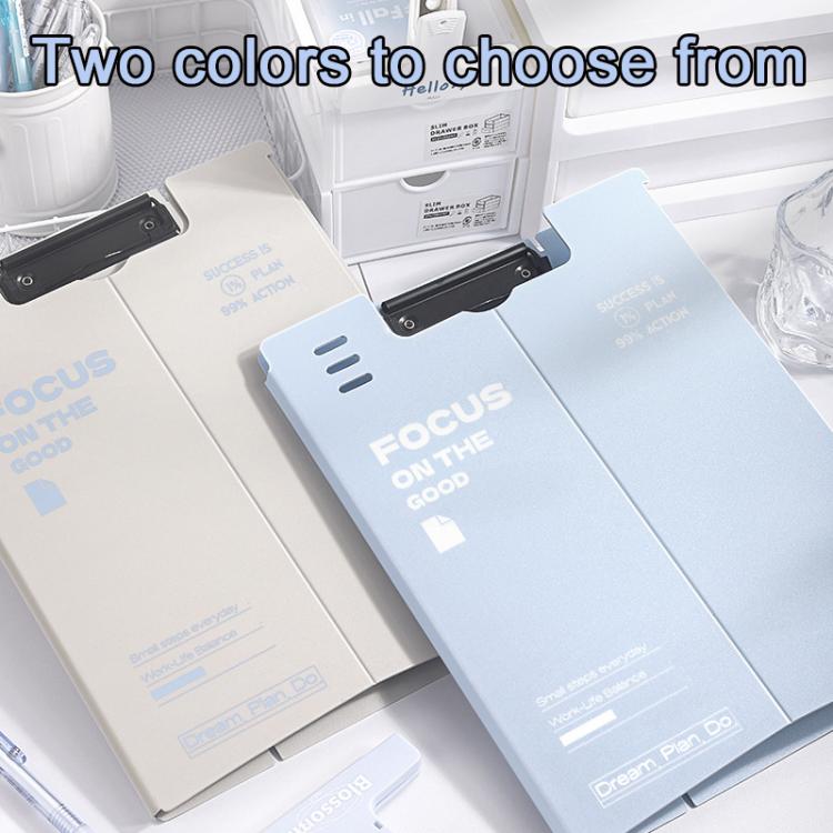 Two A4 standing file board writing pads, light blue and beige, with black clip