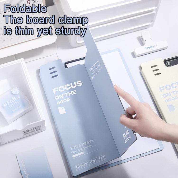 Blue A4 standing writing board with foldable clamp and paper holder close-up