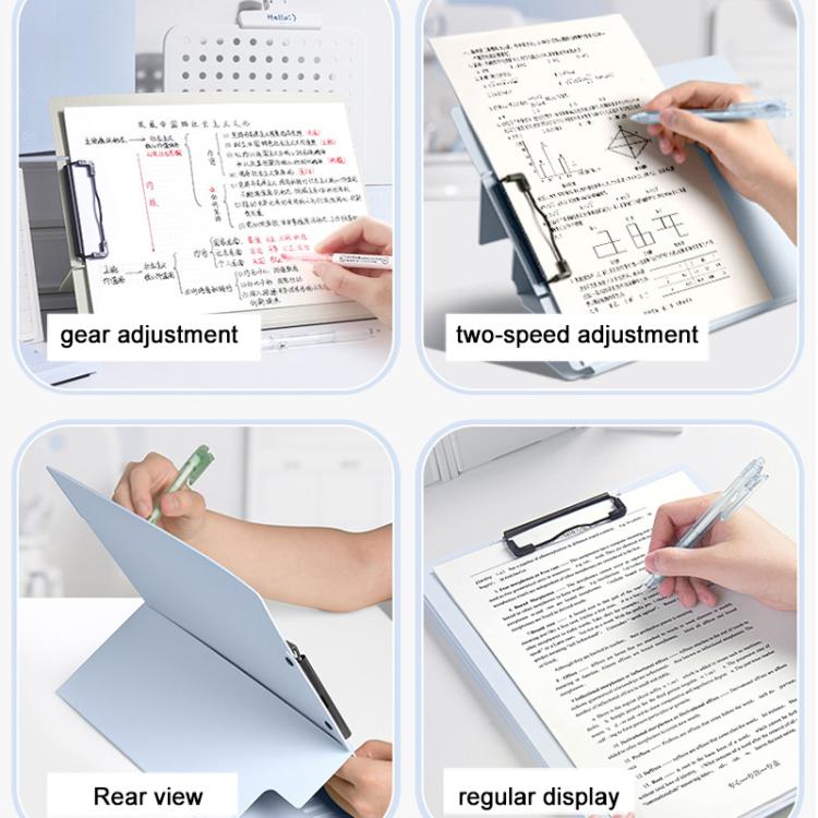 Blue A4 standing writing board showing adjustable modes for note-taking