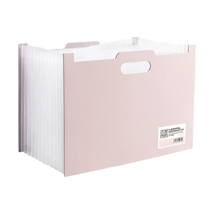 A4 portable file folder, multiple compartments, pink with index tabs and carry handle cutout