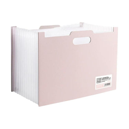 A4 portable file folder, multiple compartments, pink with index tabs and carry handle cutout