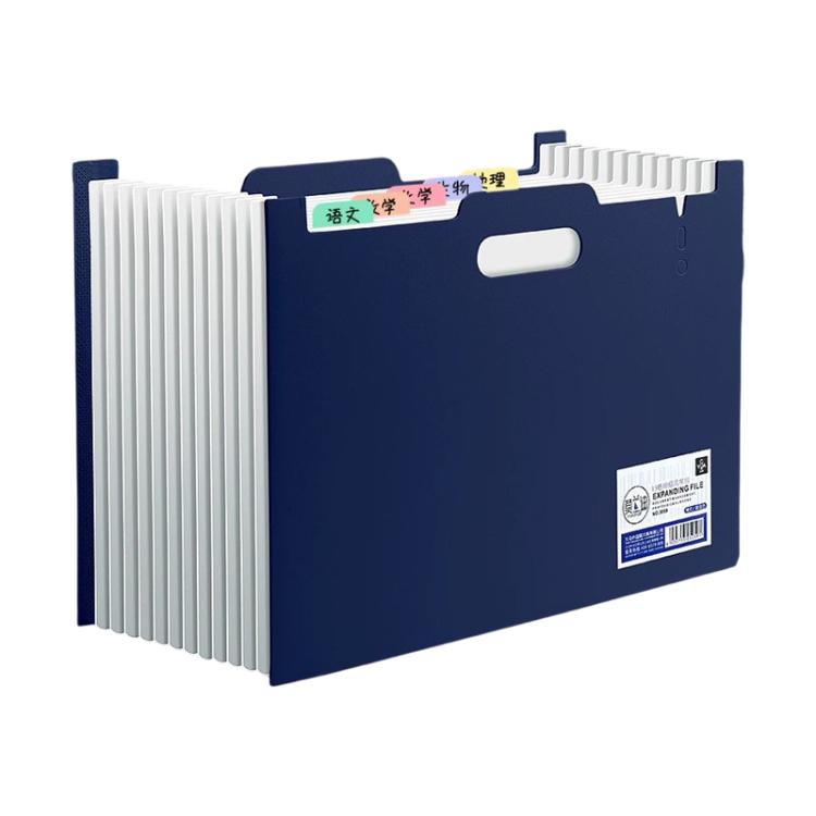 A4 portable file folder, multiple compartments, navy with index tabs and carry handle cutout