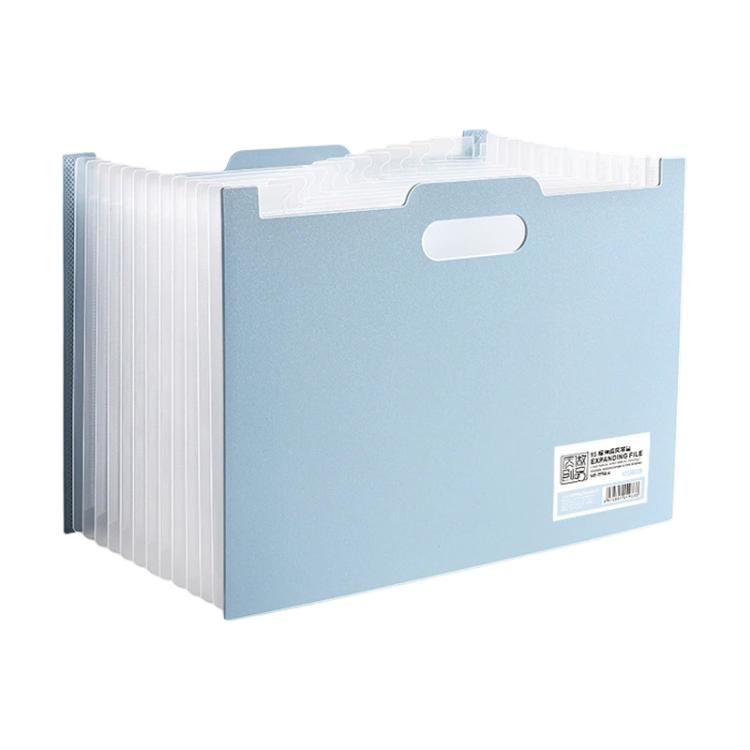 A4 portable file folder, multiple compartments, light blue with index tabs and carry handle cutout