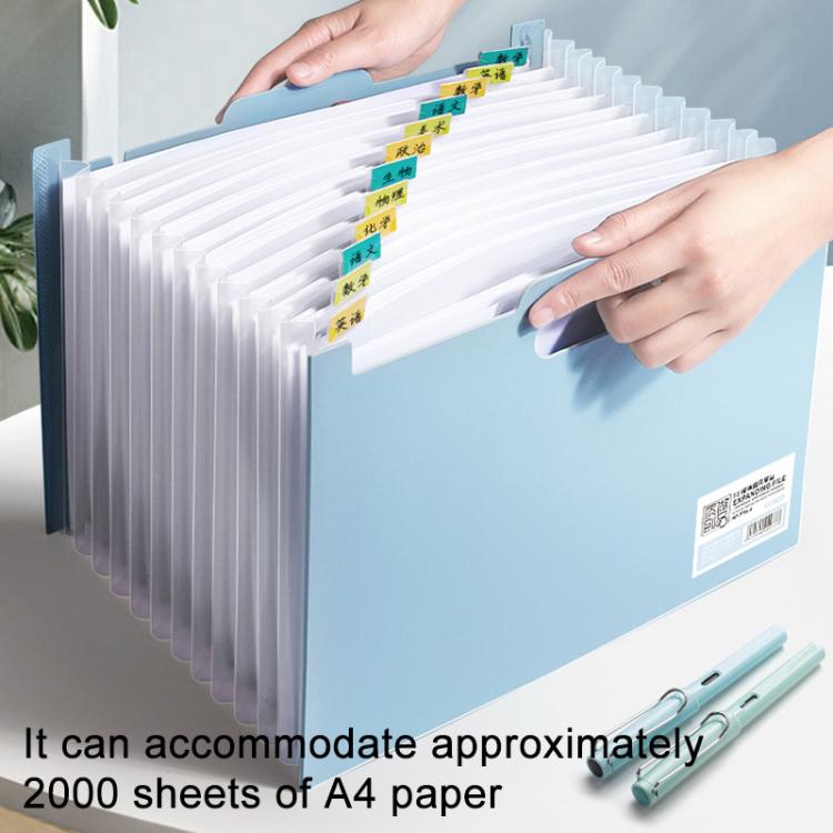 A4 file folder with index tabs, light blue, papers being inserted