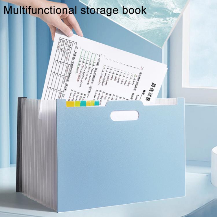 A4 light blue file folder organizer with handle and index tabs, multiple compartments