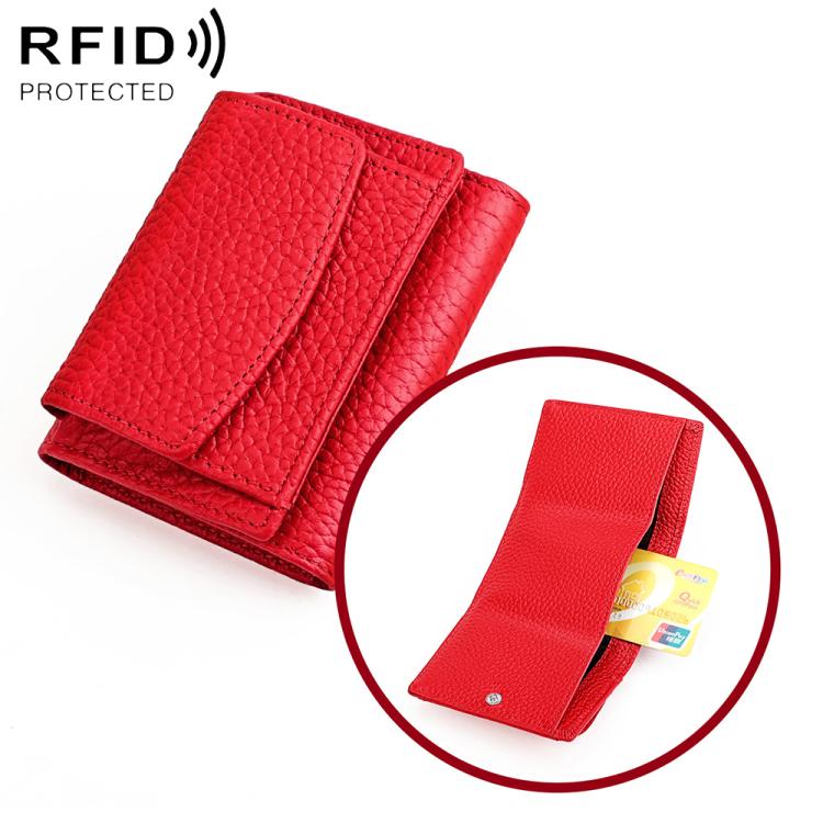 Red genuine leather short wallet with fold-over flap and card slots, RFID protected