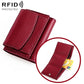 Wine red genuine leather short wallet with fold-over flap and card slots, RFID protected