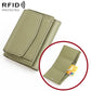 Matcha green genuine leather short wallet with fold-over flap and card slots, RFID protected