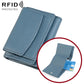 Dusty blue short genuine leather RFID wallet with snap flap and card slots