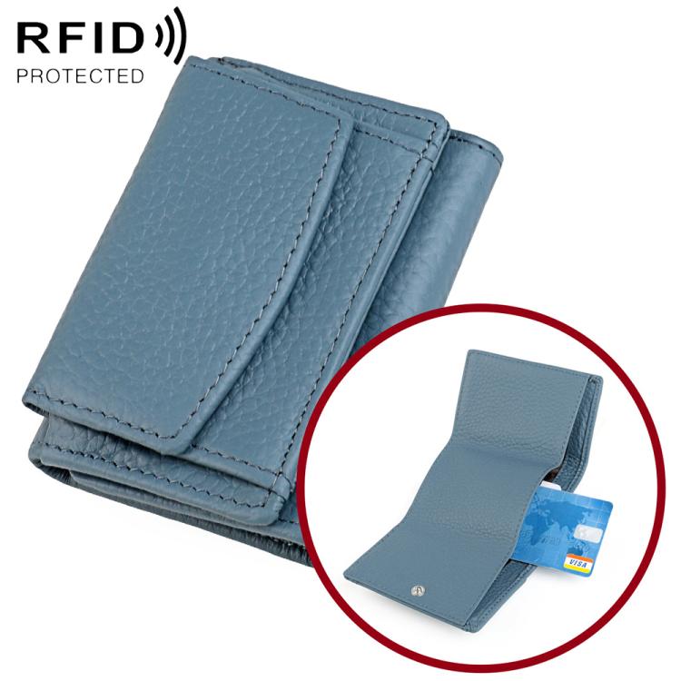Dusty blue short genuine leather RFID wallet with snap flap and card slots