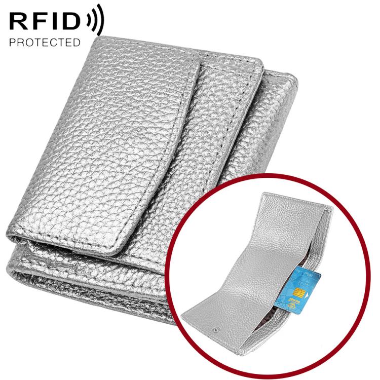 Silver gray short genuine leather RFID wallet with snap flap and card slots