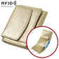 Gold tone short genuine leather RFID wallet with snap flap and card slots