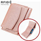 Pink genuine leather bifold wallet with snap flap and textured finish