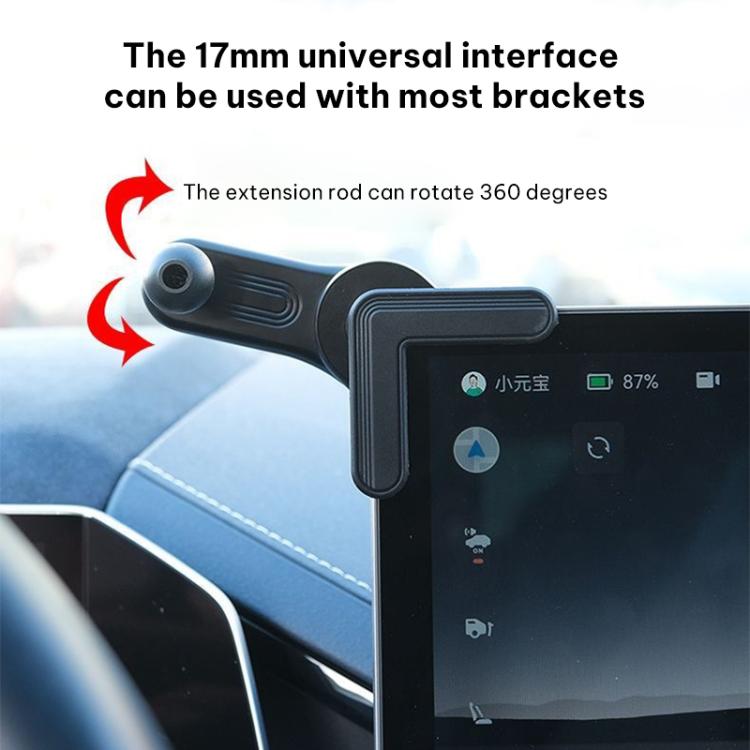 Car phone holder with black 360-degree extension rod and screen clamp bracket
