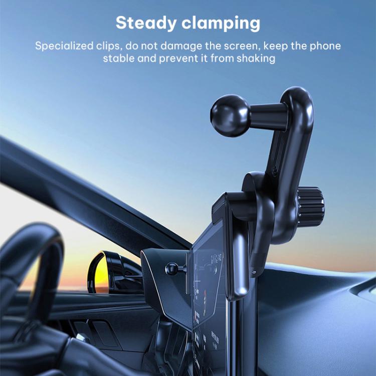 Black car phone holder clamp with extension rod and stable screen grip