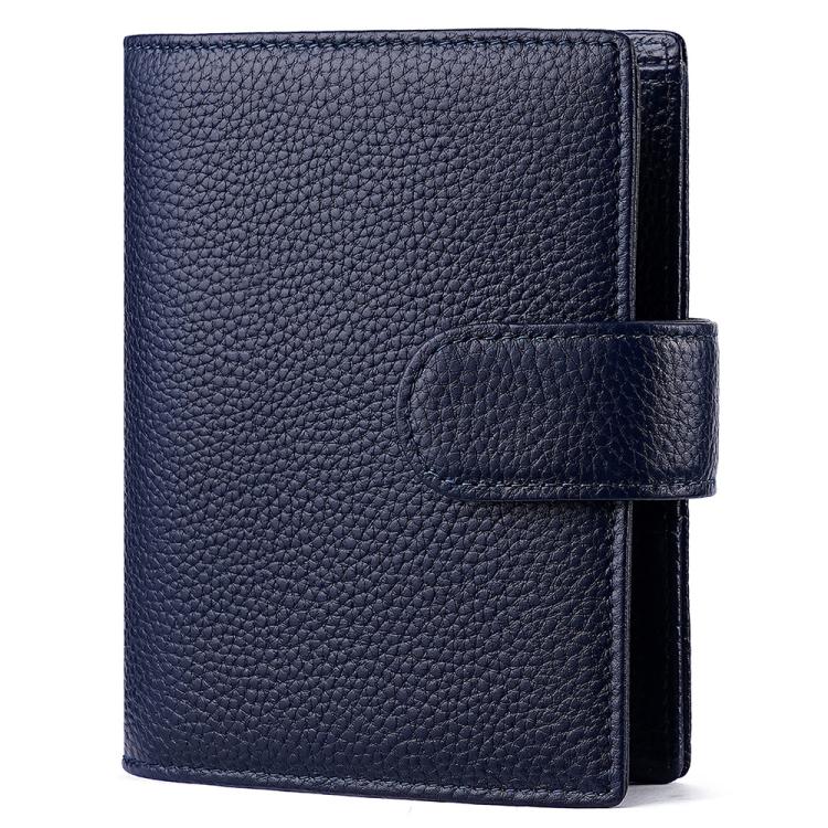 Dark blue leather-look passport holder with attached notebook cover and side strap