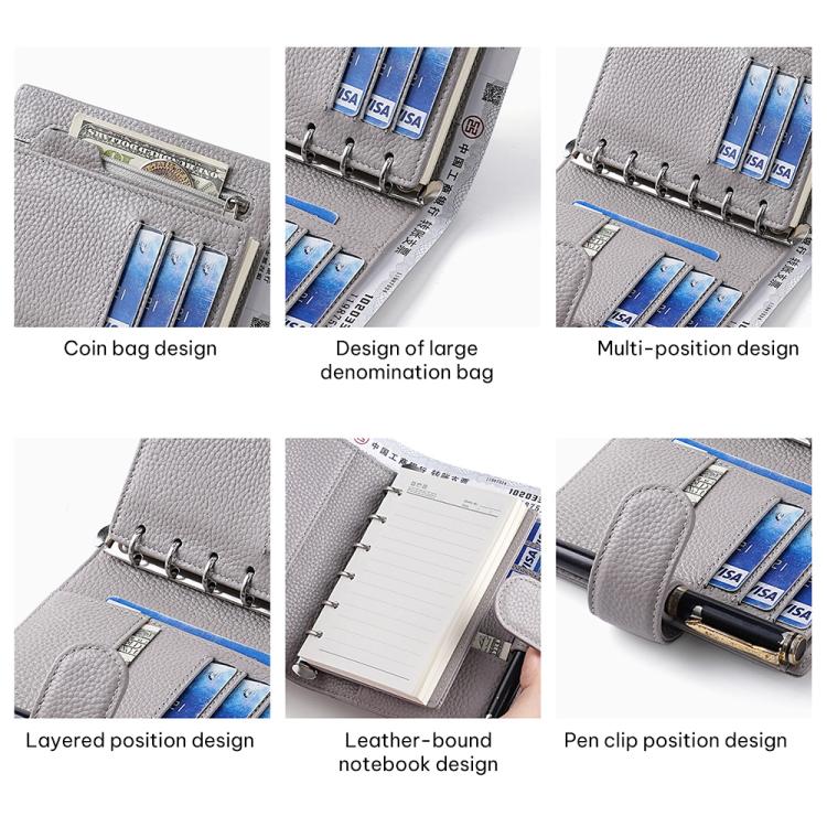 Loose-leaf notebook passport holder with card slots and pen-clip rings on textured cover