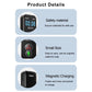 GPS location tracker product-details graphic with safety, small size, and magnetic charging callouts