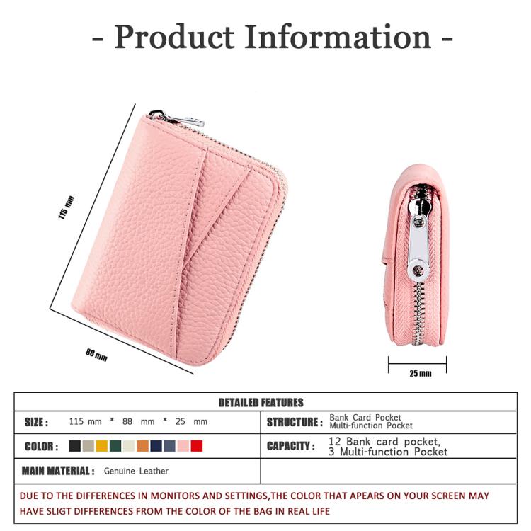 Pink genuine leather coin card bag with zip closure
