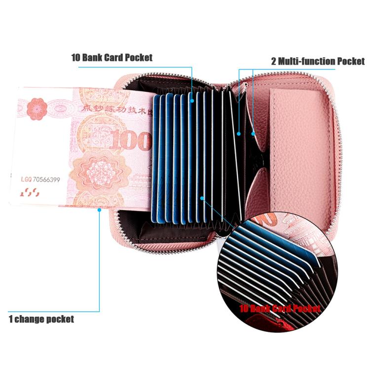Pink leather coin card bag open view, card slots and multi-function pocket