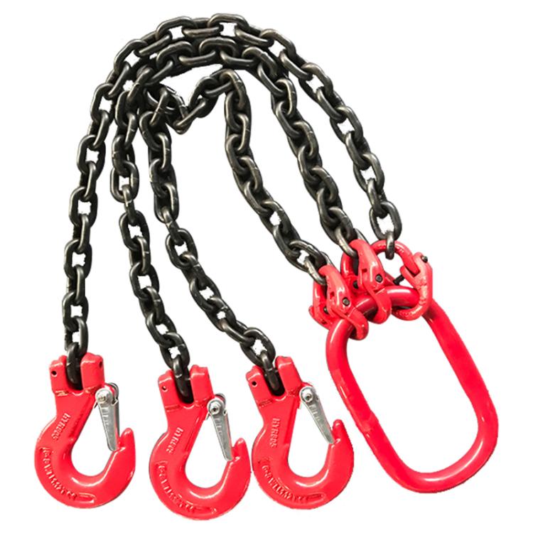 Red lifting hook set with black chain and steel safety latches