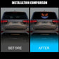Car LED devil-eye lights on rear bumper, red eye arcs with blue-white light bar