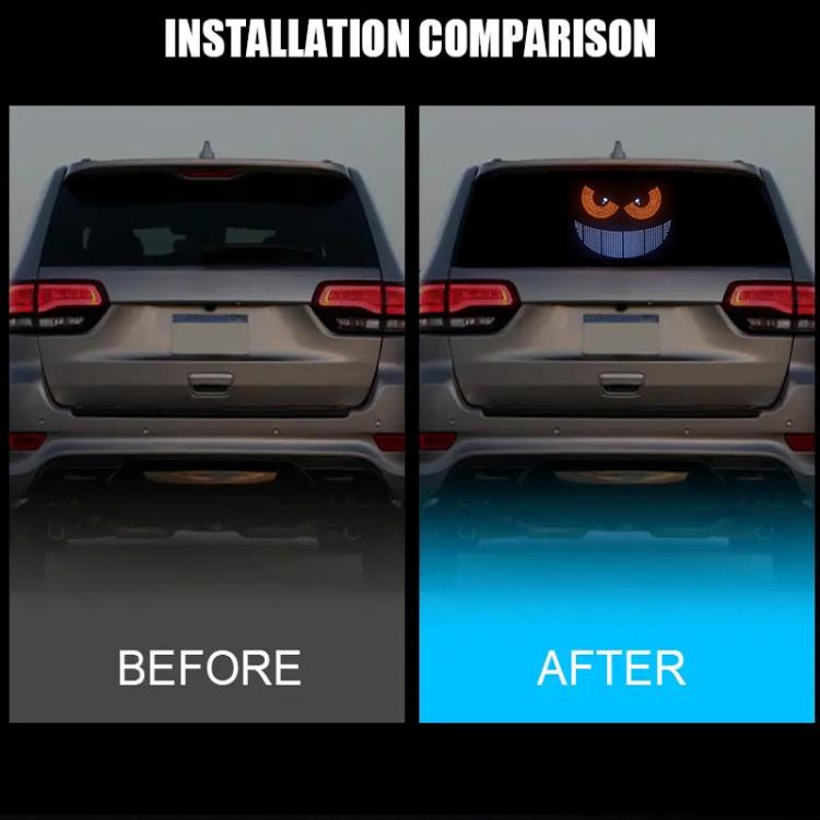 Car LED devil-eye lights on rear bumper, red eye arcs with blue-white light bar
