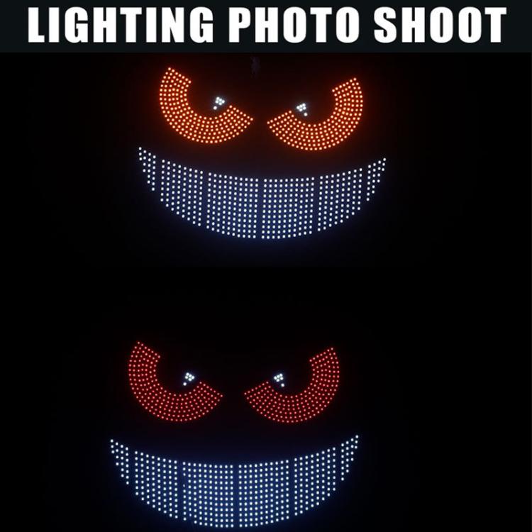 LED devil-eye light pattern showing red eye arcs and blue-white curved smile