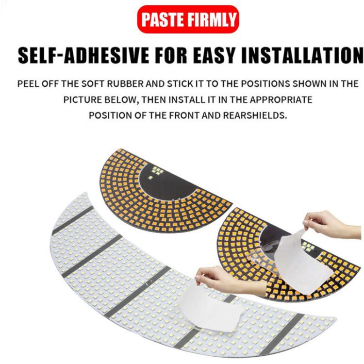 Self-adhesive LED devil-eye strip with black backing and peel-and-stick tabs