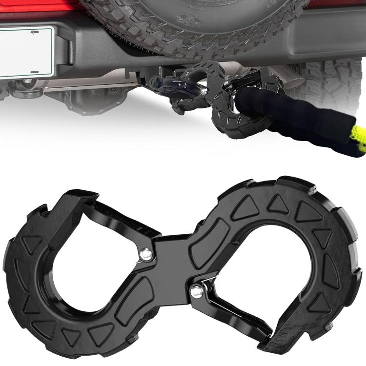 Black S-shaped trailer tow hook with metal locking pin and rugged grip guards